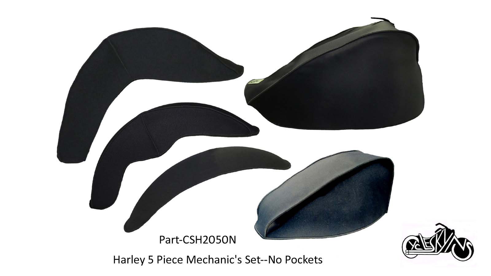 This is a 5 piece mechanic's set of covers including the Fat bob Tank cover, sportster tank cover, the large heritage style fender cover, the fat boy fender cover and the sportster style fender cover. This is the set without the pockets on the tank covers.