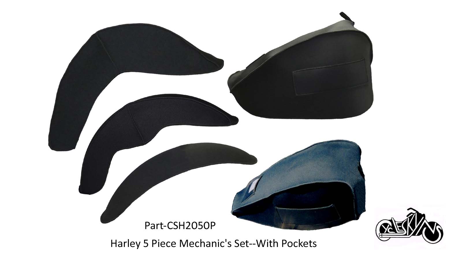 This is a 5 piece mechanic's set of covers including the Fat bob Tank cover, sportster tank cover, the large heritage style fender cover, the fat boy fender cover and the sportster style fender cover. This set has the single top pocket and two side pockets on each of the tank covers.